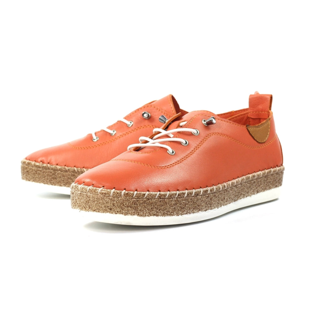 LUNAR Evie - Womens/Ladies Elasticated Lace Leather Plimsoll Pump Peach/Orange