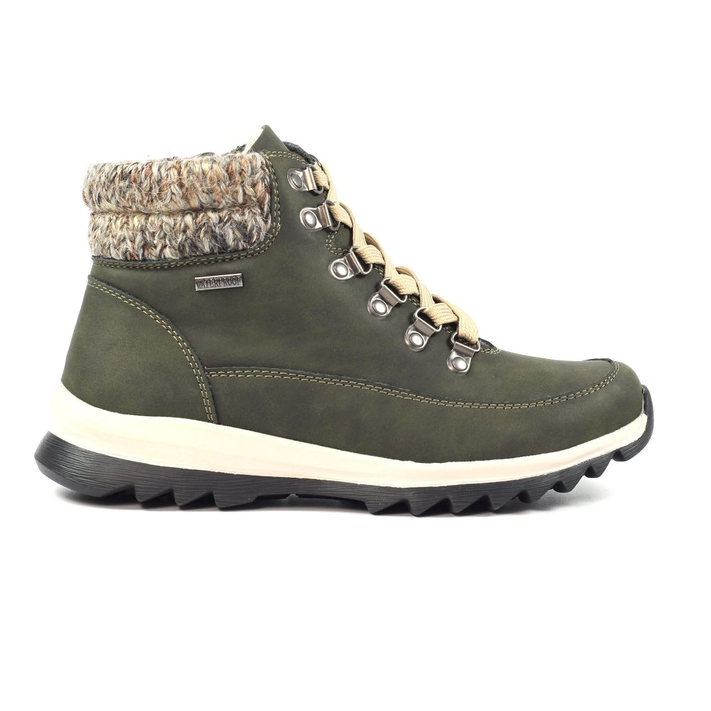 LUNAR Jett - Womens/Ladies Waterproof Knitted Cuff Lace Up Ankle Boot Olive