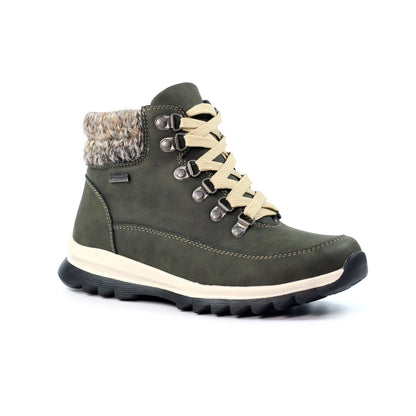 LUNAR Jett - Womens/Ladies Waterproof Knitted Cuff Lace Up Ankle Boot Olive