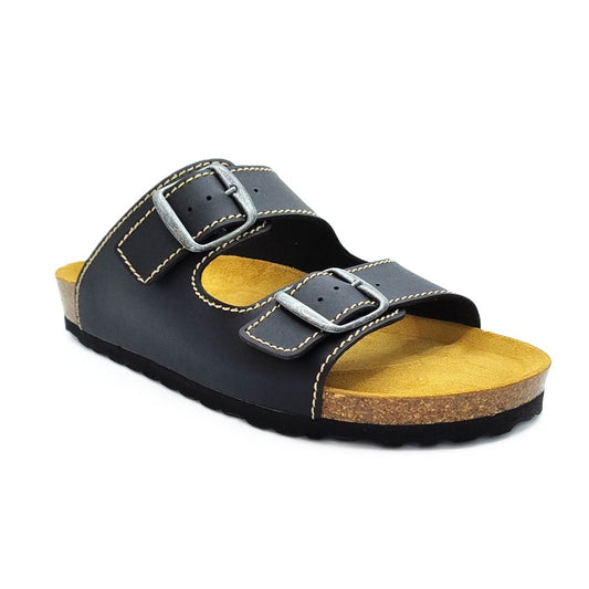 COSMOS COMFORT Jupiter - Mens Leather Twin Buckle Mule Sandal Black