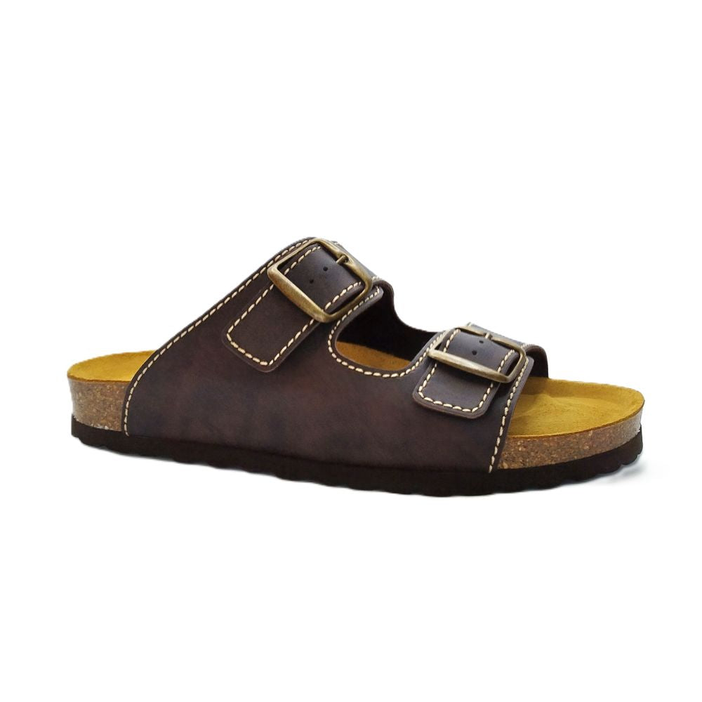 COSMOS COMFORT Jupiter - Mens Leather Twin Buckle Mule Sandal Dark Brown