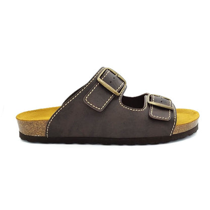 COSMOS COMFORT Jupiter - Mens Leather Twin Buckle Mule Sandal Dark Brown