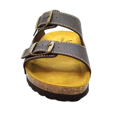 COSMOS COMFORT Jupiter - Mens Leather Twin Buckle Mule Sandal Dark Brown