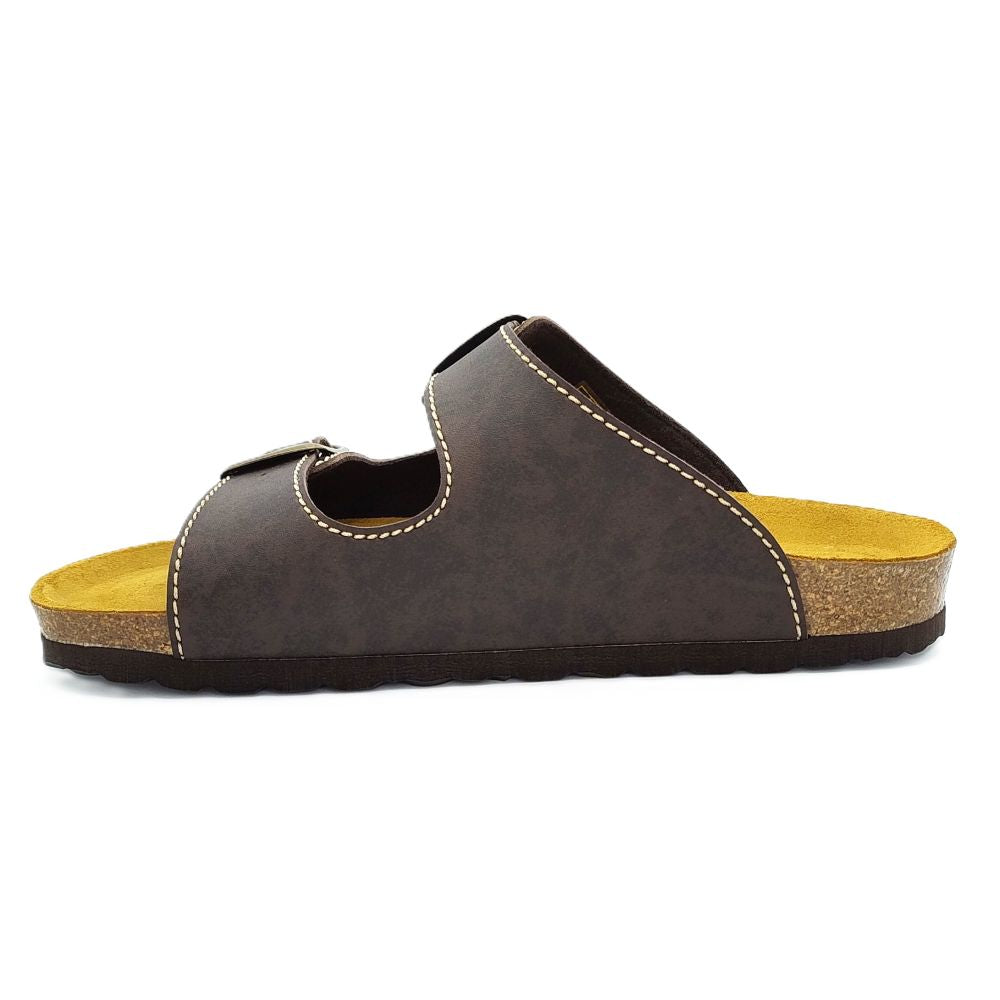 COSMOS COMFORT Jupiter - Mens Leather Twin Buckle Mule Sandal Dark Brown